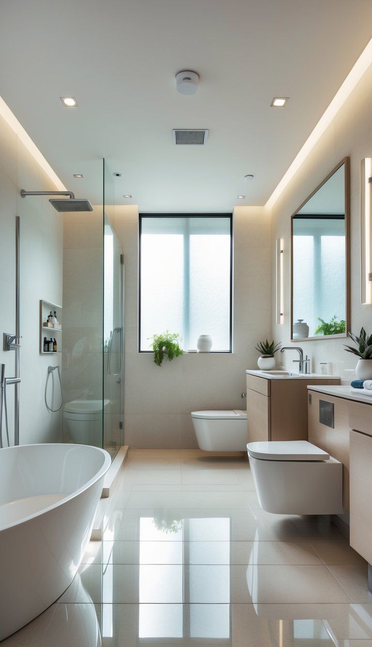 A modern bathroom showing a bathtub, walk-in shower, double vanity, and toilet area arranged in distinct zones.