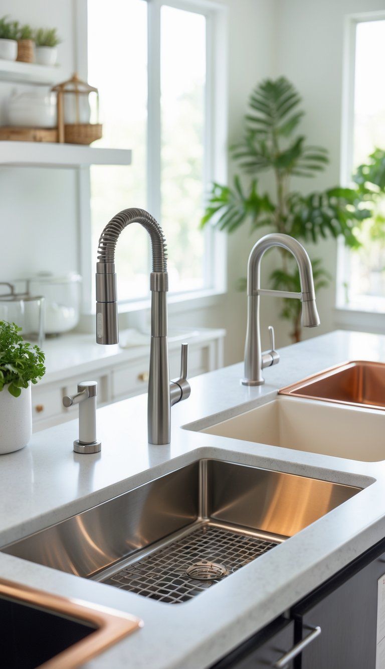 A modern kitchen countertop displaying different types of kitchen sinks made from various materials including stainless steel, granite composite, porcelain, and copper.