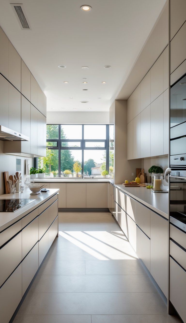 A modern kitchen with a central island, large window, and organized cooking and preparation areas.