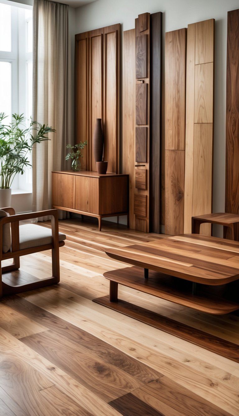 An interior scene showing various hardwood floor samples next to wooden furniture pieces in different wood tones.