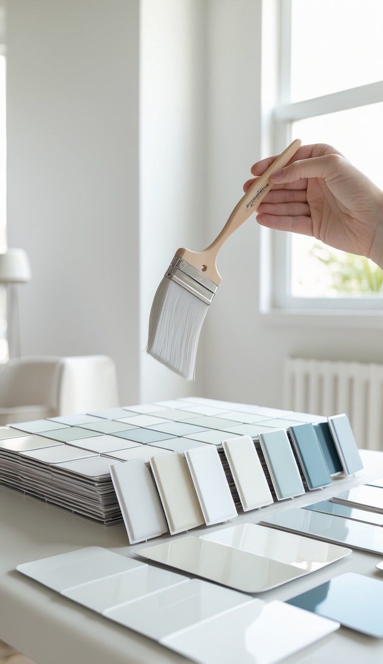 A hand selecting from various white paint swatches on a table in a bright modern room with white walls.