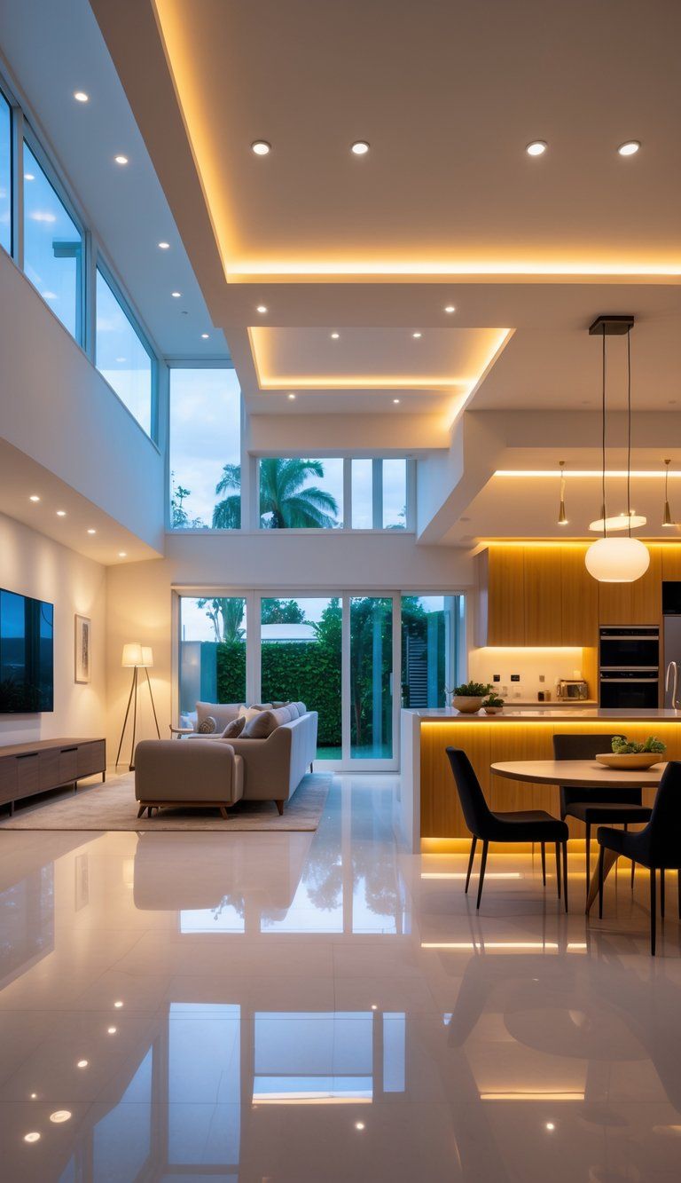A modern home interior showing different lighting in the living room, dining area, and kitchen, creating a warm and inviting atmosphere.