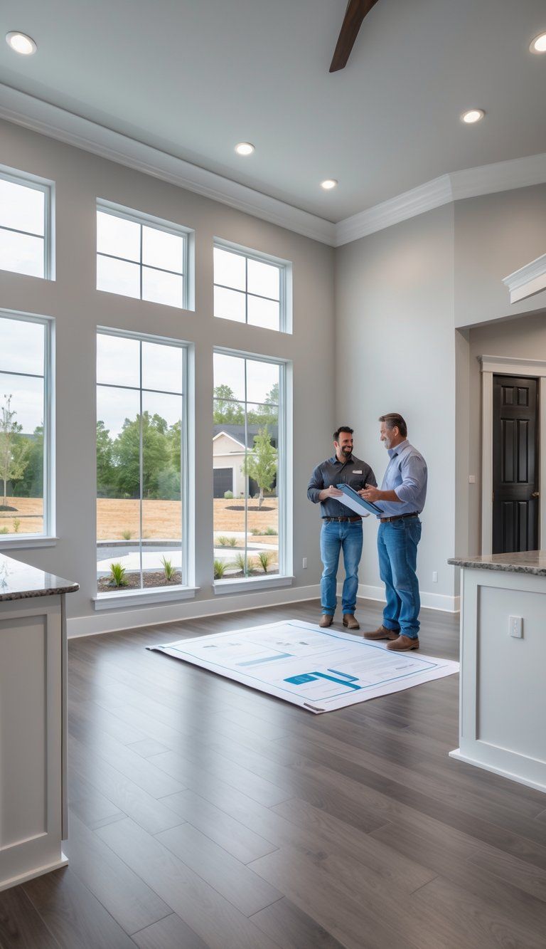 A homeowner and contractor discussing renovation plans in a bright living room with new windows, fresh paint, hardwood floors, and glimpses of updated kitchen and bathroom areas.