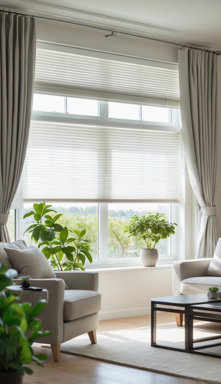 A modern living room with a large window featuring well-fitted curtains and blinds, illuminated by natural light.