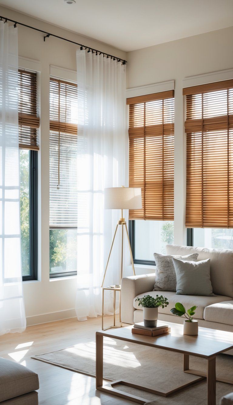 A living room with large windows showing sheer curtains, wooden blinds, and roller shades controlling natural light.