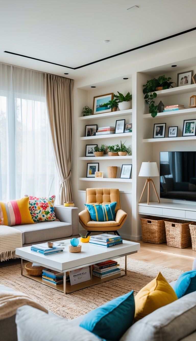 A bright living room with a sofa, coffee table, shelves with photos and plants, a reading nook, and large windows letting in natural light.