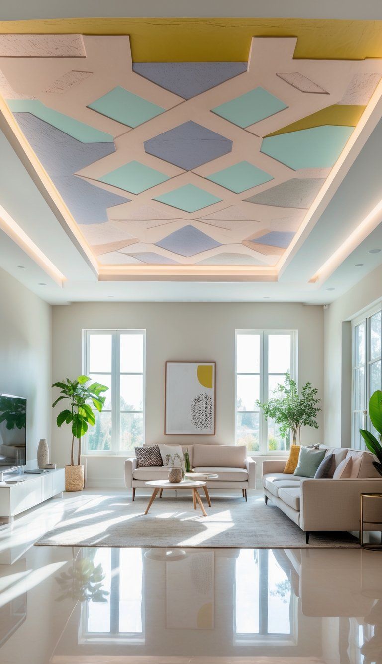 A modern living room with a uniquely painted ceiling as the main focus, featuring stylish furniture and natural light.