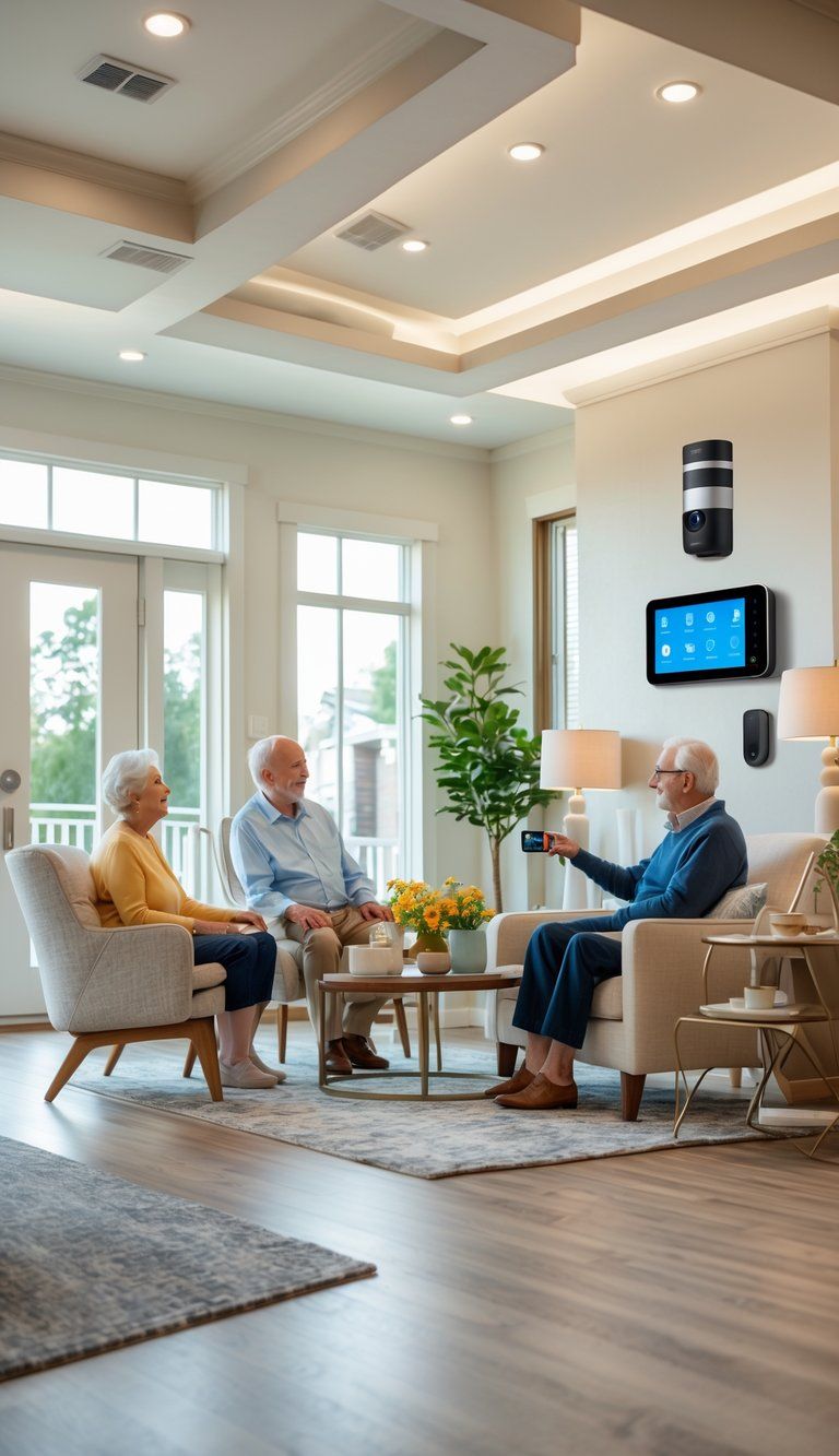 An elderly couple in a modern living room using smart home devices, including a touchscreen control panel and voice-activated speakers, with visible security features like a smart door lock and indoor camera.