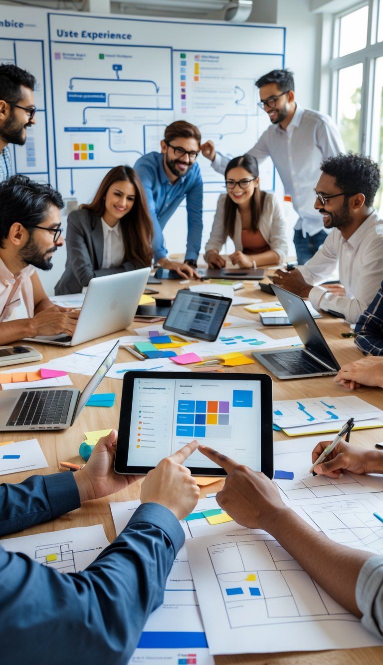 A group of designers collaborating around a table with laptops, sketches, and digital devices in a bright office.