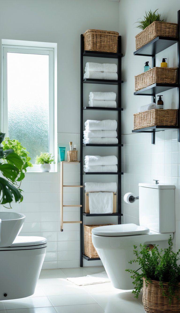 A modern bathroom with tall wall-mounted shelves holding towels and toiletries, a ladder shelf with plants, and natural light coming through a window.