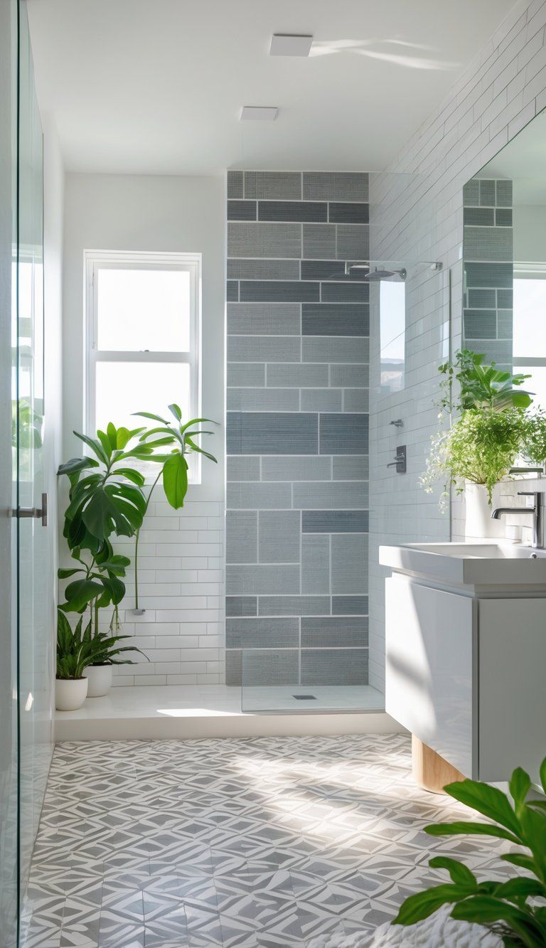 Bright modern bathroom with a walk-in shower, mixed tile patterns on walls and floor, a white vanity, a large mirror, and green plants.