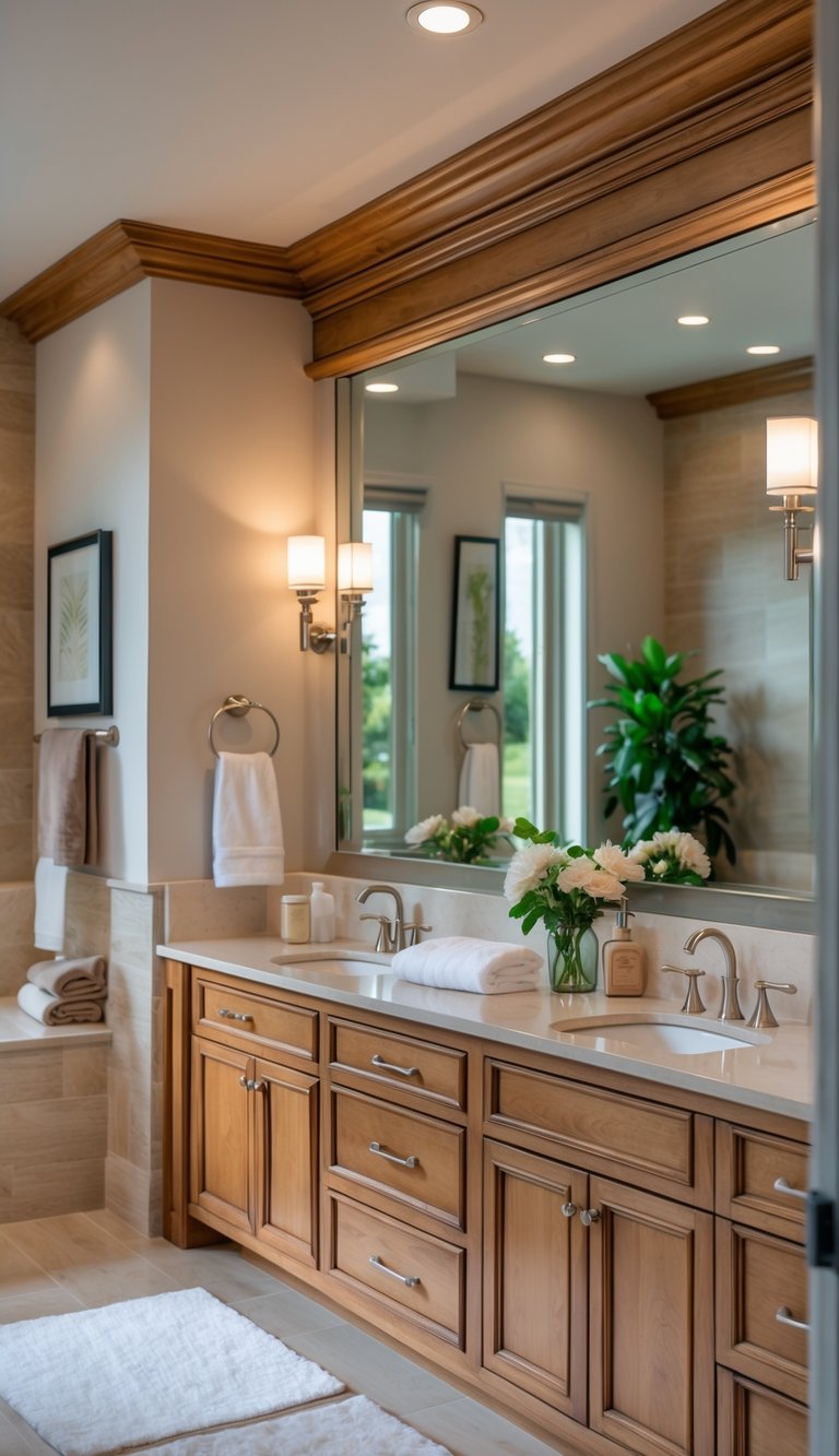 A bright bathroom with a double-sink vanity, large mirror, and neatly arranged accessories.
