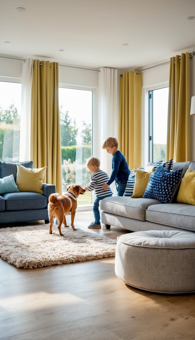 A living room with a sofa, cushions, rug, and curtains made of durable fabrics, with a child and a dog playing on the floor.