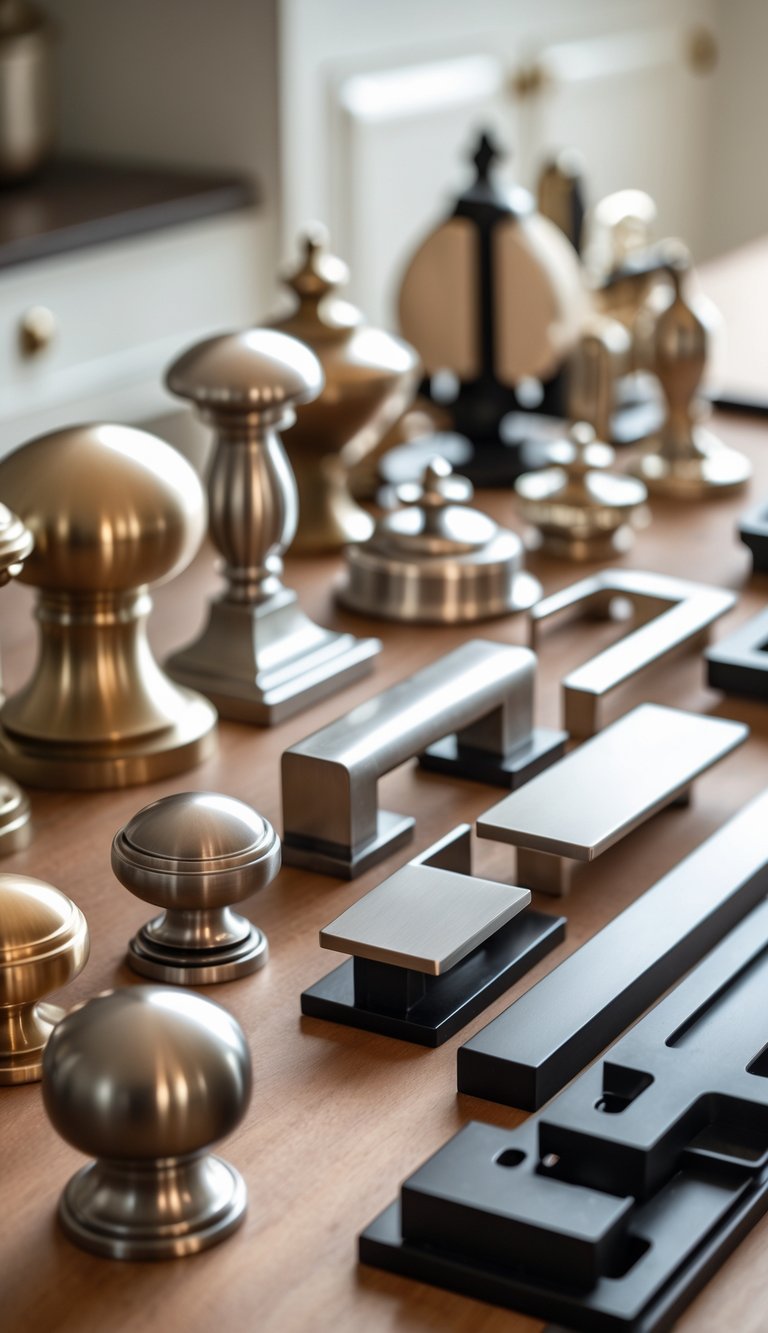 Close-up of various cabinet hardware pieces including knobs, handles, and hinges displayed on a wooden surface.