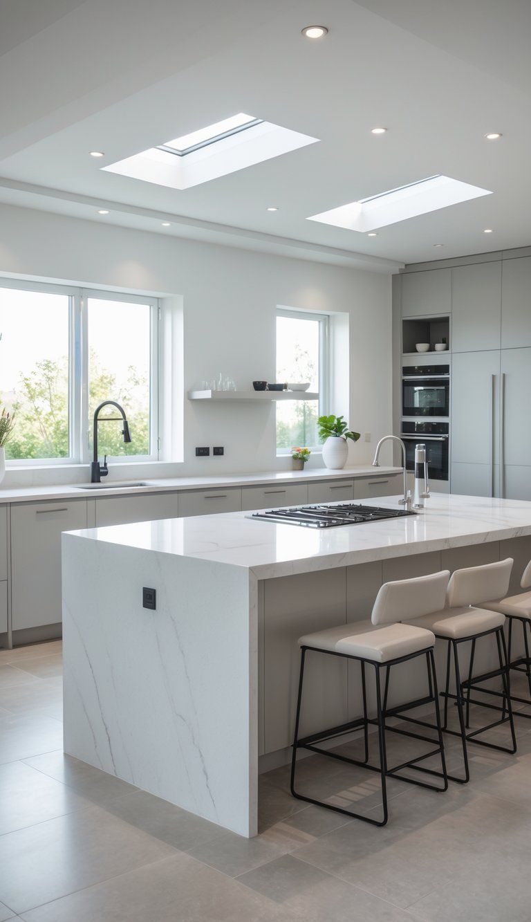 A modern kitchen with a large kitchen island featuring a marble countertop, built-in sink and stovetop, and bar stools around it.