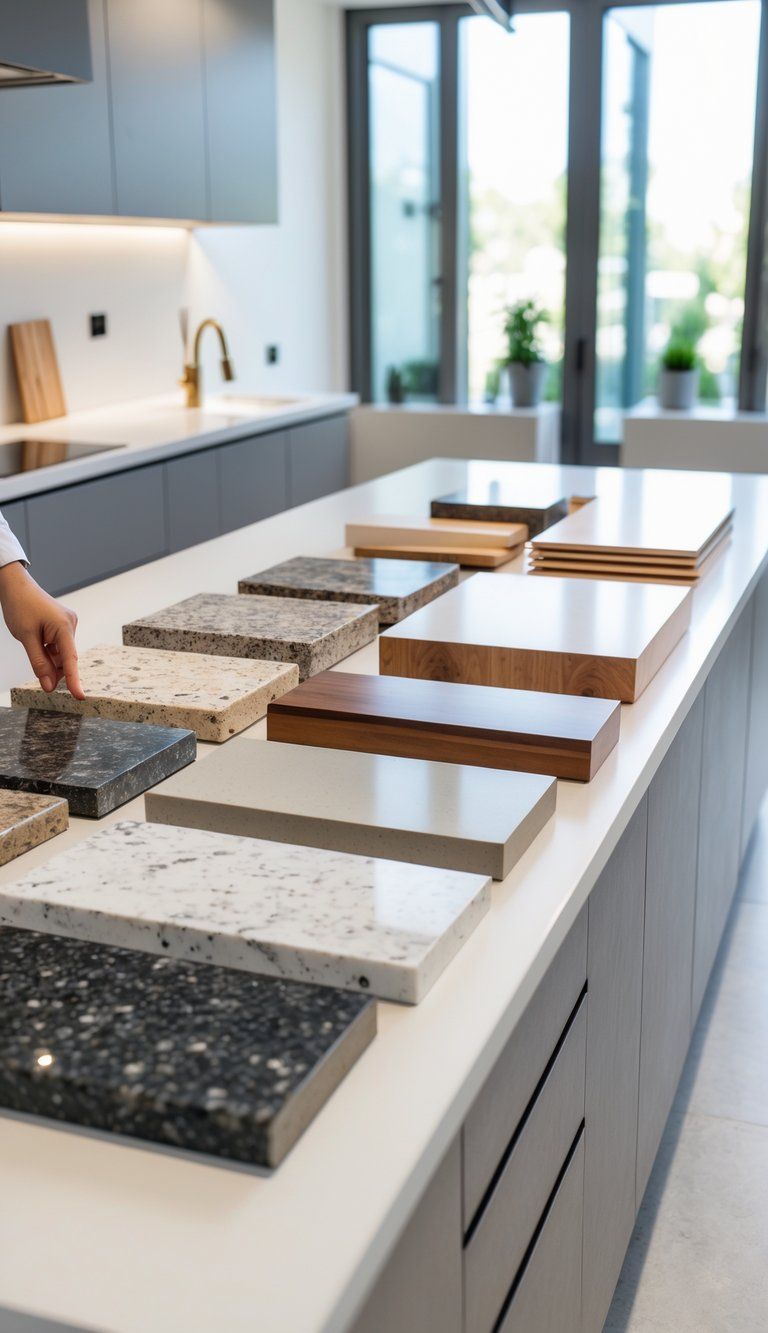 Hands comparing different countertop material samples displayed on a kitchen island in a bright showroom.