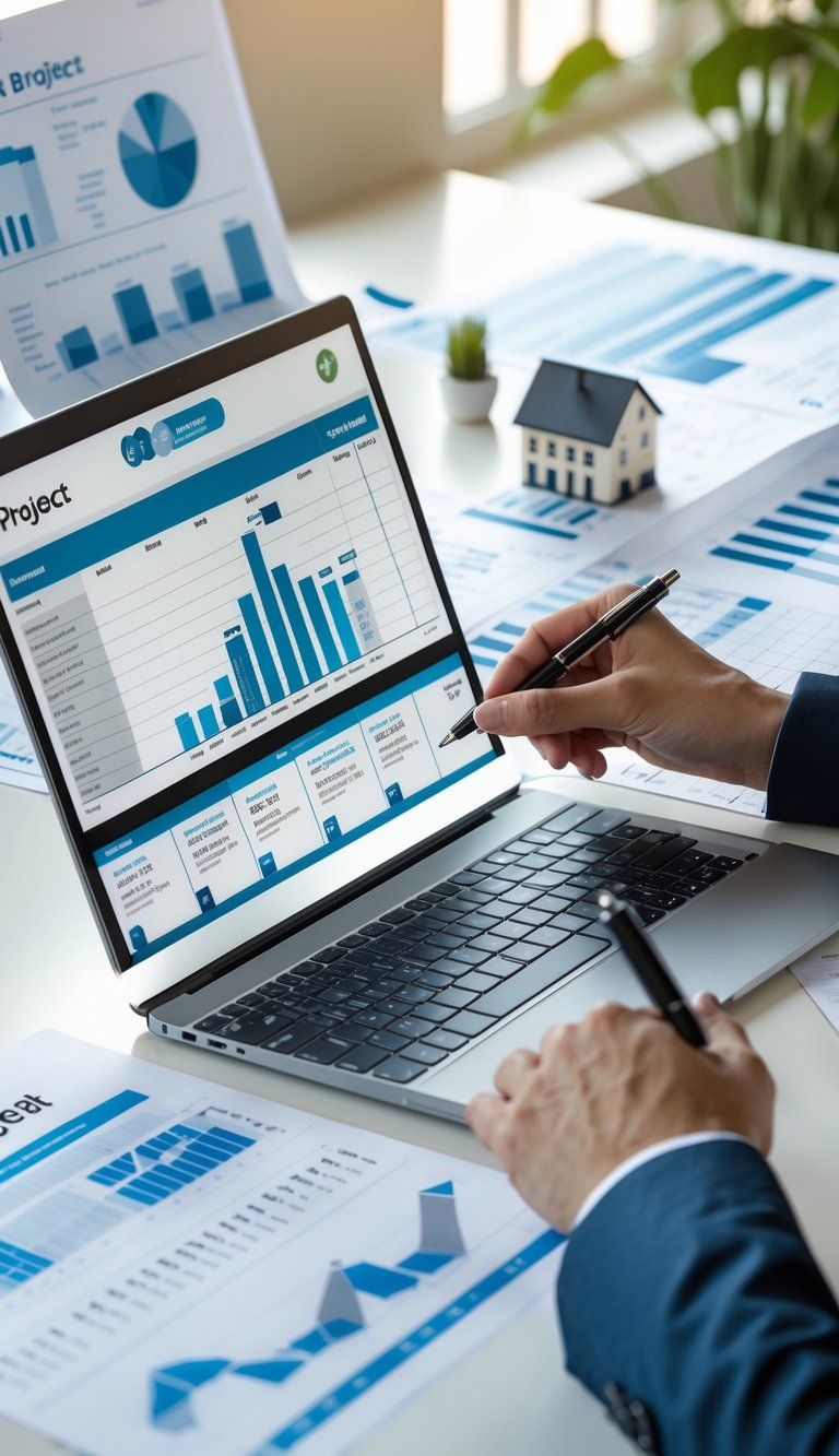 A person working at a desk with a laptop showing a project timeline and budget, surrounded by charts, calendars, blueprints, and a small house model.
