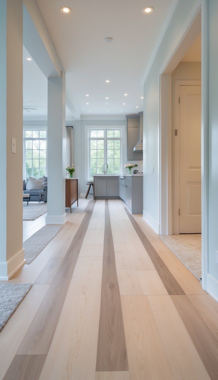 Interior view of connected rooms with smooth flooring transitions between hardwood, tile, and carpeted areas.