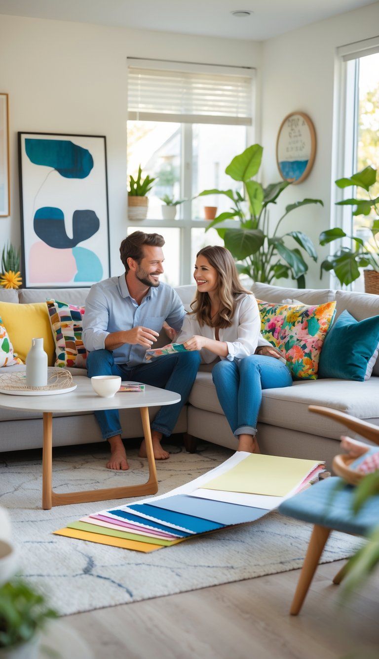 A couple sitting on a sofa in a living room, looking at fabric samples and paint swatches together.