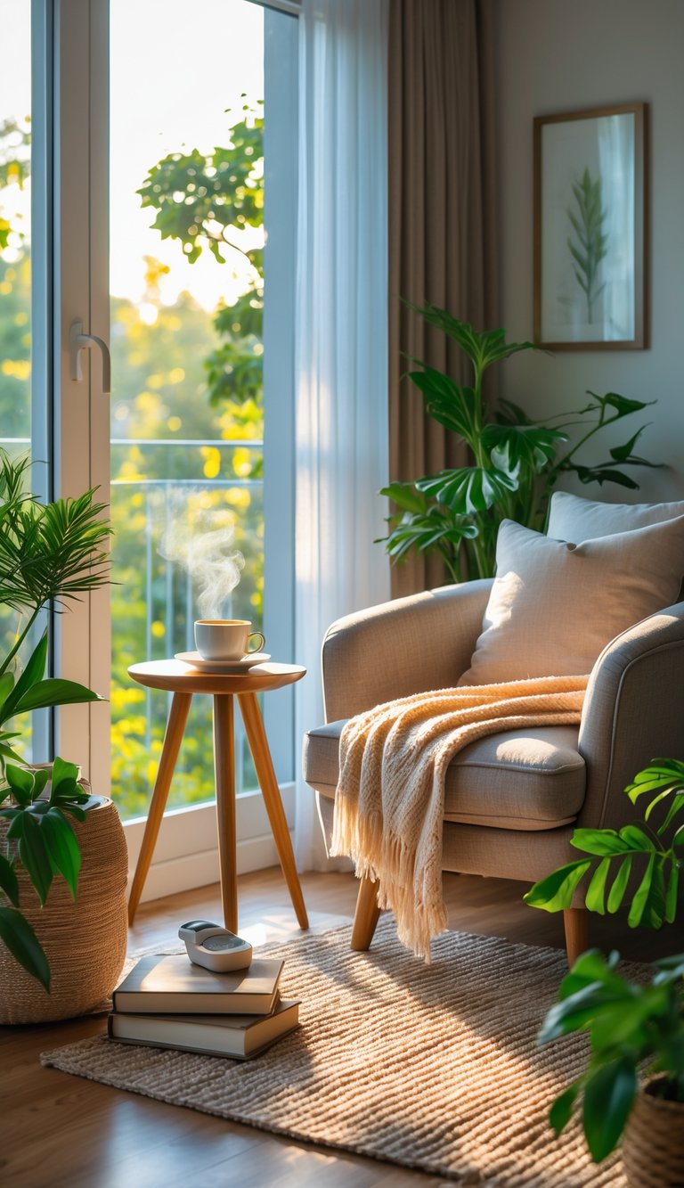 A cozy reading nook with a comfortable armchair, side table with books and tea, plants, and sunlight coming through a window.