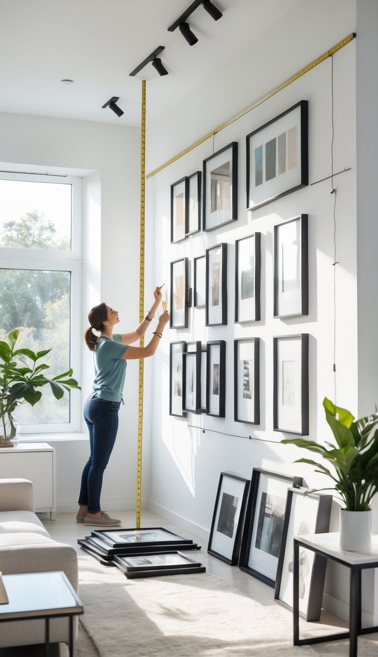 A person arranging picture frames on a white wall in a bright room with furniture and plants.