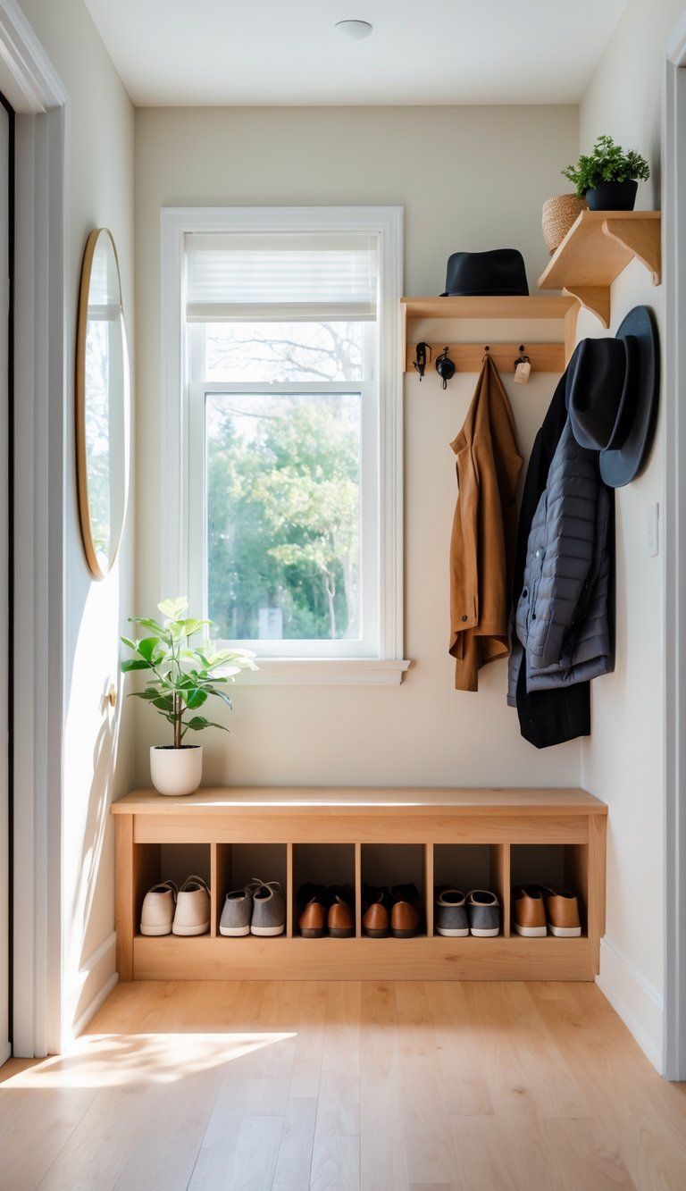 A small entryway with a wooden bench, wall-mounted coat rack, floating shelves, and a mirror, arranged neatly to maximize storage in a limited space.