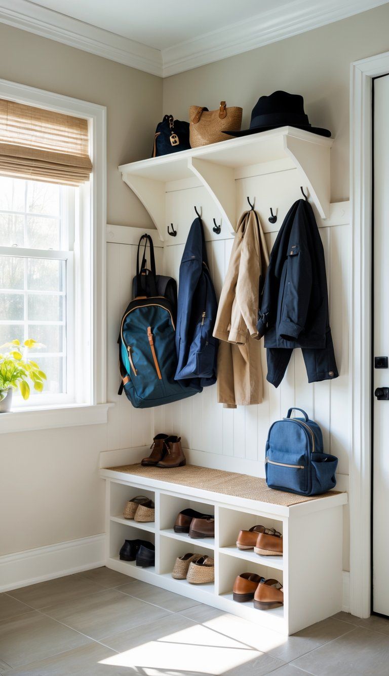A small mudroom with a bench, storage compartments, hooks holding coats and bags, and cubbies for shoes, arranged to maximize organization and functionality.