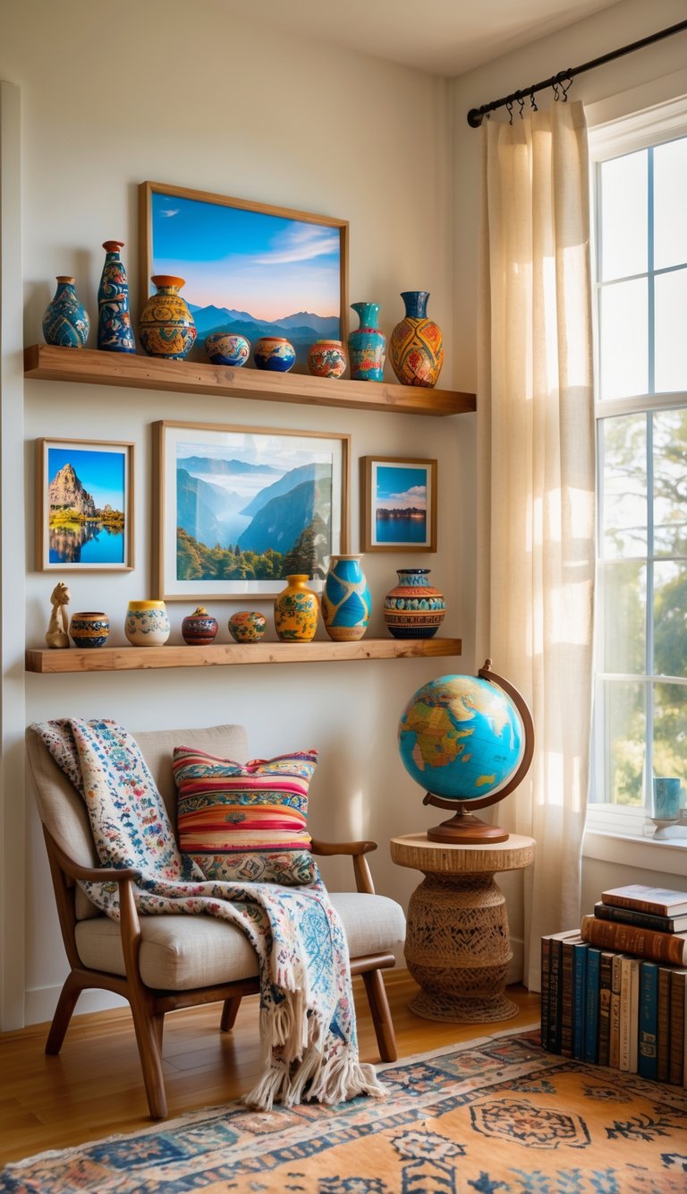 A living room with shelves displaying travel souvenirs, photographs, and decorative items, creating a warm and inviting space.