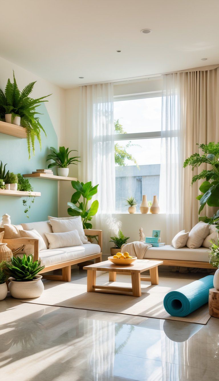 A bright living room with large windows, green plants, comfortable seating, natural materials, and a yoga mat in the corner.