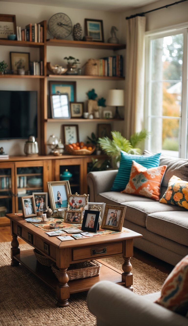 A cozy living room with a sofa, coffee table, family photos, books, and personal decorative items.