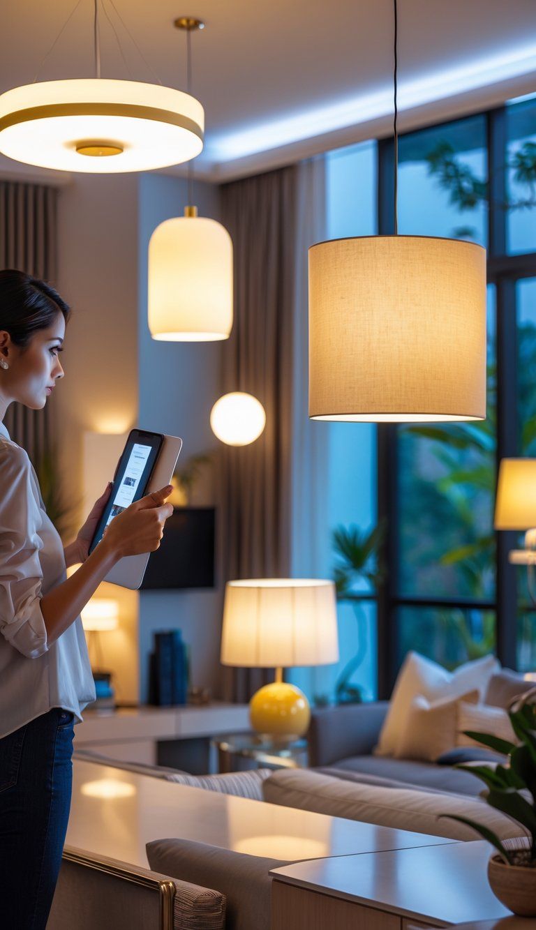 Person selecting different lighting fixtures in a modern living room with multiple light sources creating a layered lighting effect.