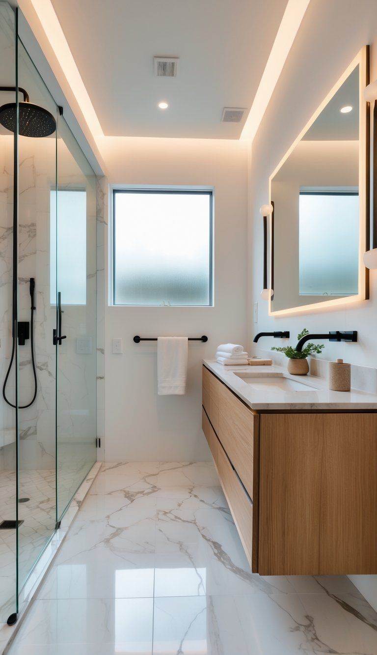 A bright, clean bathroom with a walk-in shower, floating wooden vanity, large mirror, and tasteful decor.