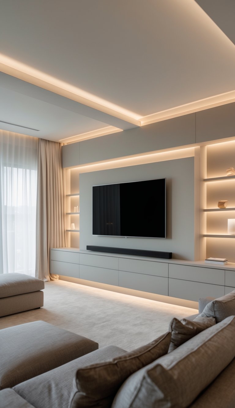 A media room with a wall-mounted TV, low-profile sofa, built-in shelves, and soft lighting in a neutral-toned living space.