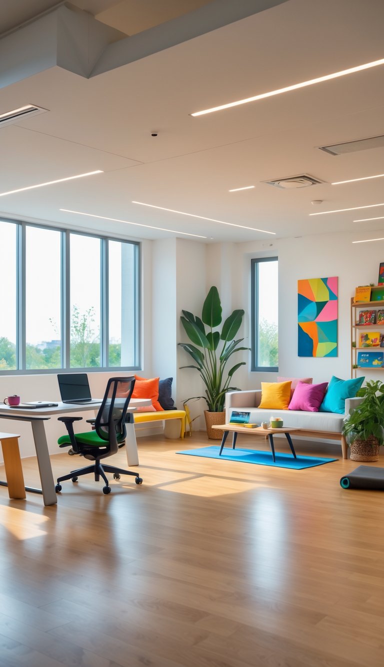 A bright, modern room divided into zones for working, relaxing, and playing, featuring a desk with a laptop, a cozy sofa with cushions, and a play area with board games and a yoga mat.