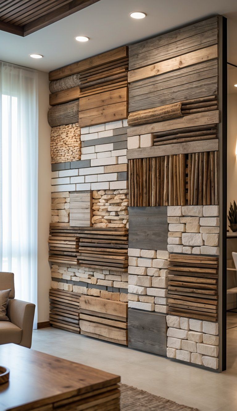 Interior wall decorated with reclaimed wood panels, stone tiles, and woven natural fibers in a modern living room.