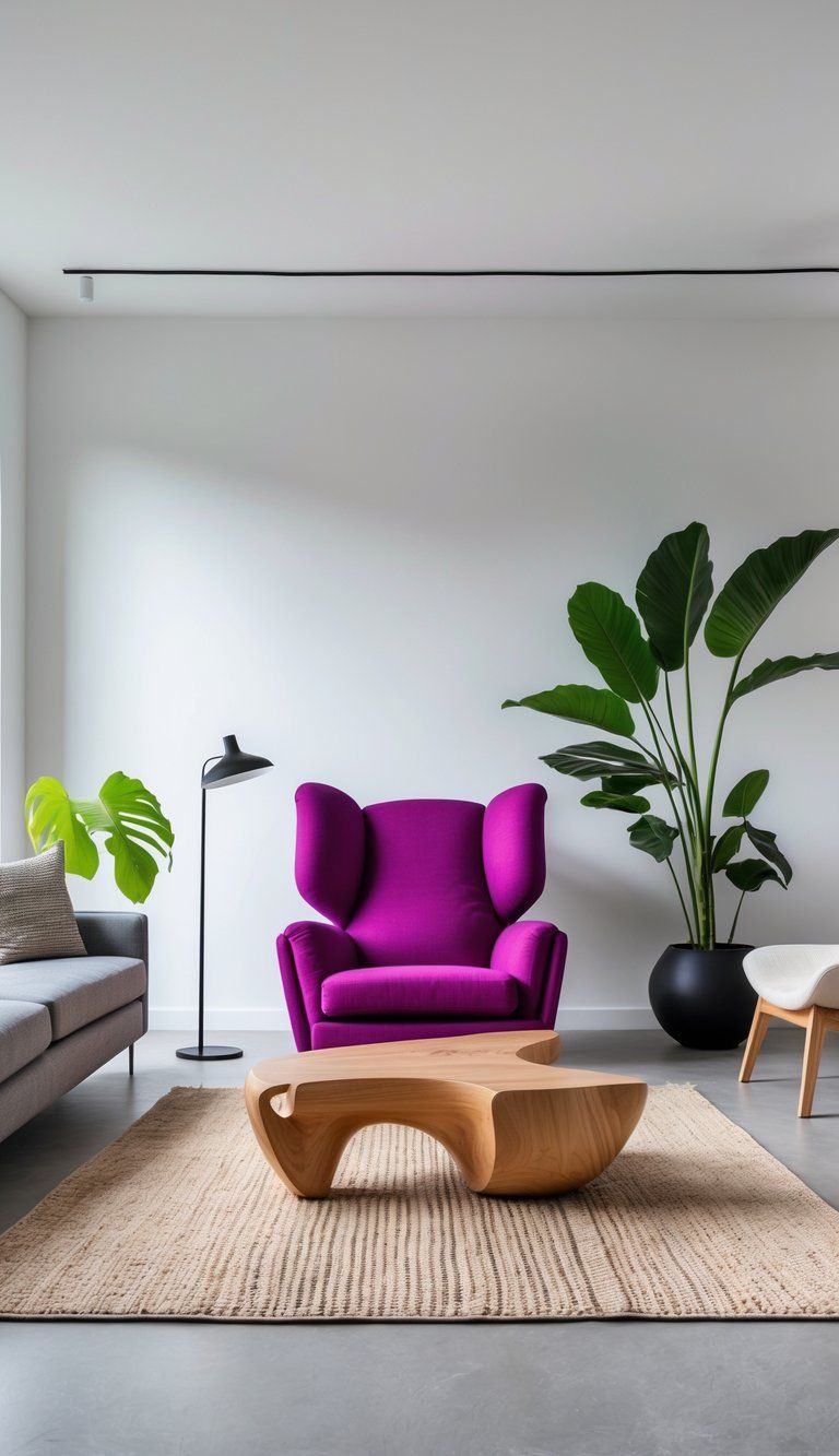 A simple living room with plain walls featuring a colorful oversized armchair and a sculptural wooden coffee table, surrounded by a leafy plant and a floor lamp.