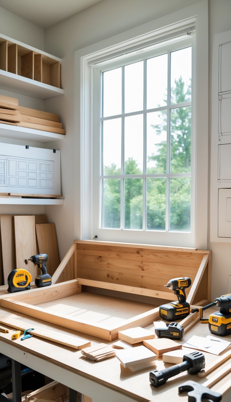 Person selecting materials and tools to build a window seat storage under a large window in a well-lit workshop.
