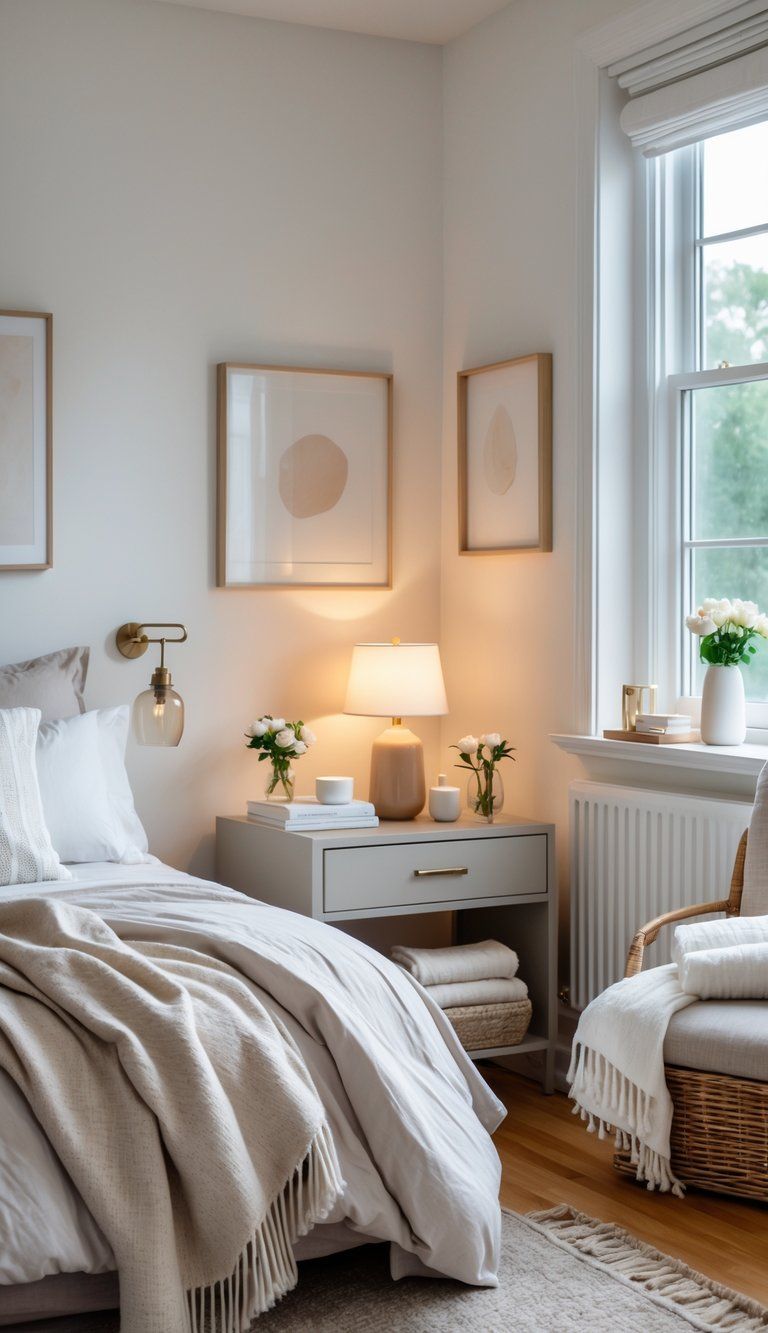 A tidy guest bedroom with a made bed, bedside table with lamp and flowers, armchair by a window, and thoughtful amenities arranged for guest comfort.