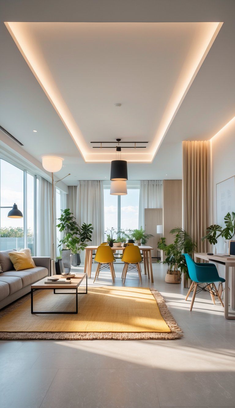 An open concept living space divided into separate living, dining, and work areas using furniture and decor without walls.