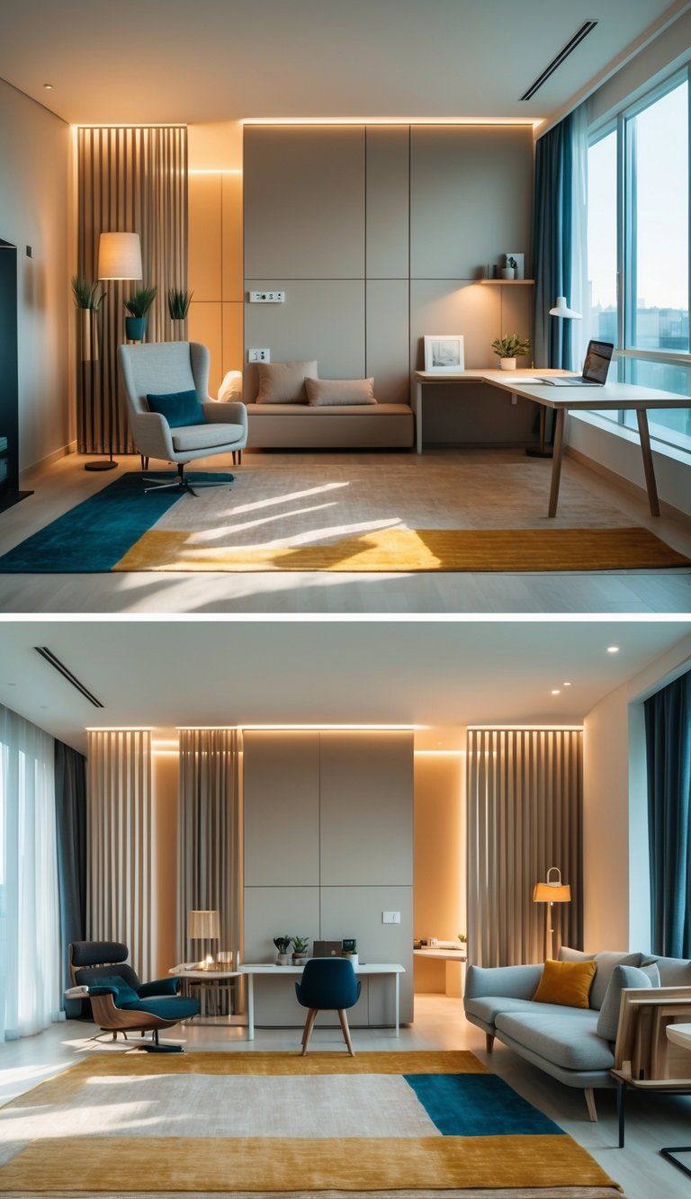 Interior of a room with separate zones including a reading nook, workspace, and lounge area, arranged to make the most of an awkward layout.
