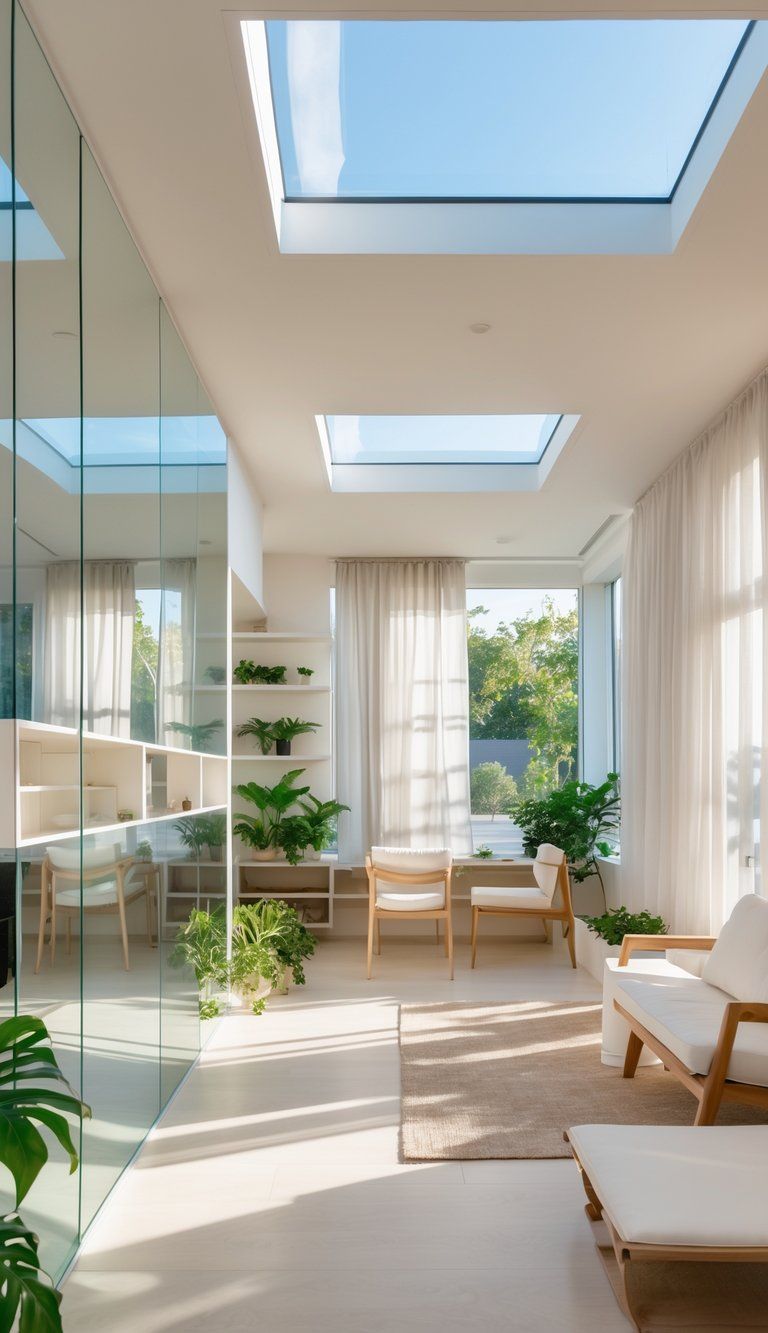 A bright and airy home interior with large mirrors, skylights, light-colored walls, and plants to enhance natural light in a space with limited windows.
