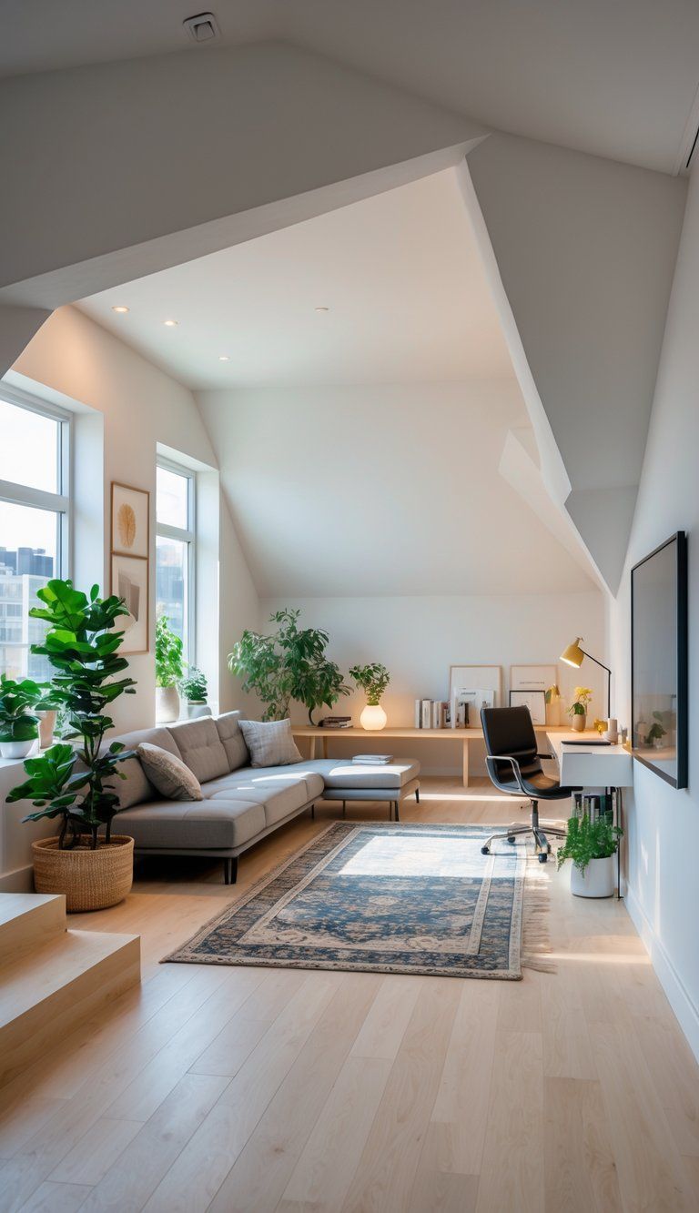 A living room with angled walls and multiple furniture zones including a seating area, reading nook, and workspace, arranged to fit an unusual room shape.