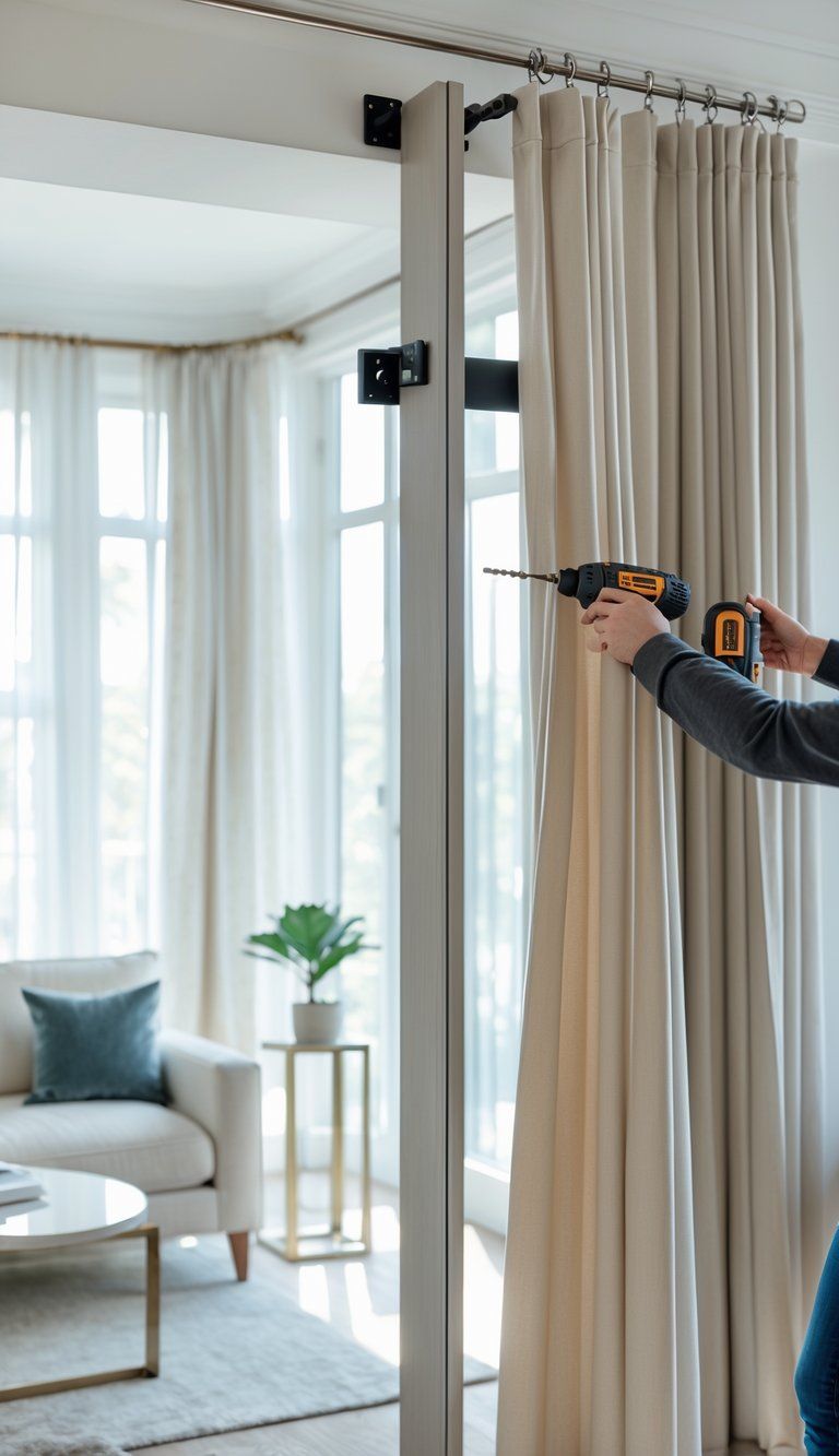 Person installing a curtain rod above a window in a living room, adjusting curtains while using a drill.
