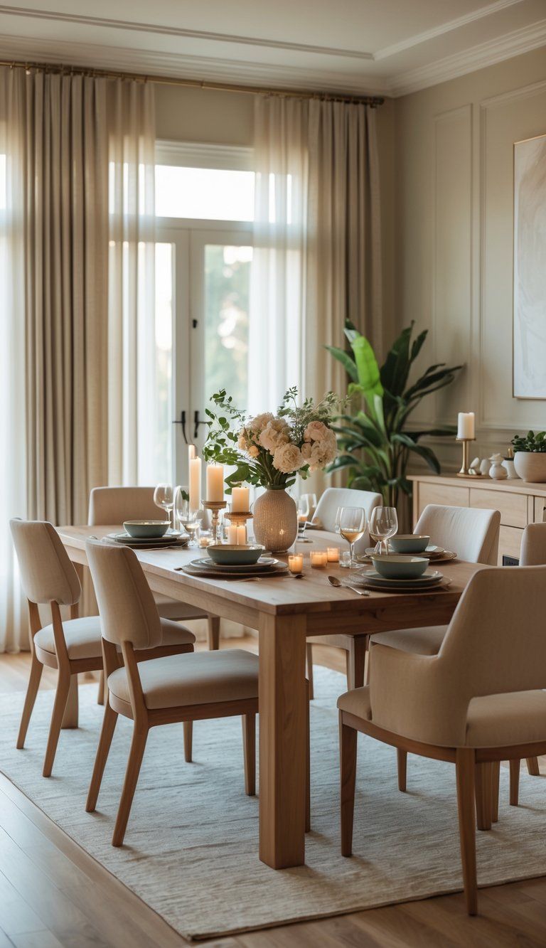 A spacious dining room with a large wooden table set with dinnerware and flowers, bathed in natural light from large windows.