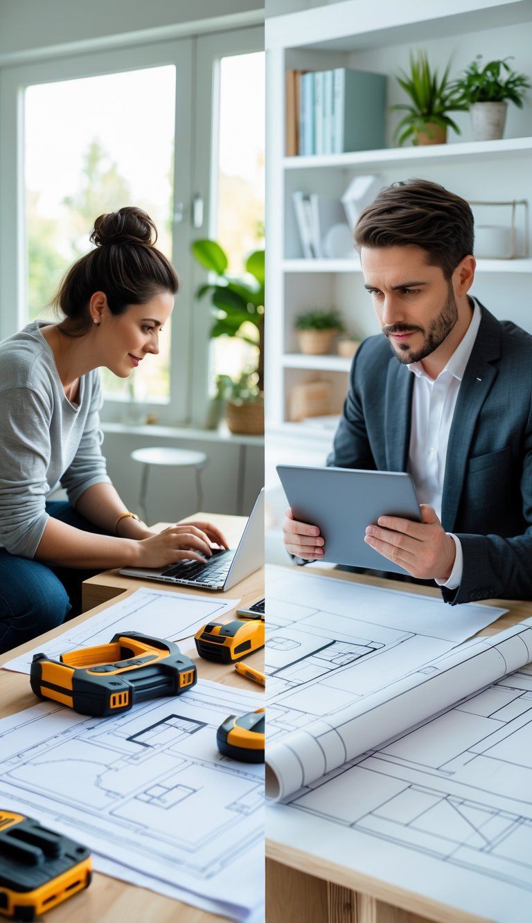 A split scene showing a person working on a DIY project with tools and blueprints on one side, and a professional consultant discussing plans with a client on the other side in a bright home office.