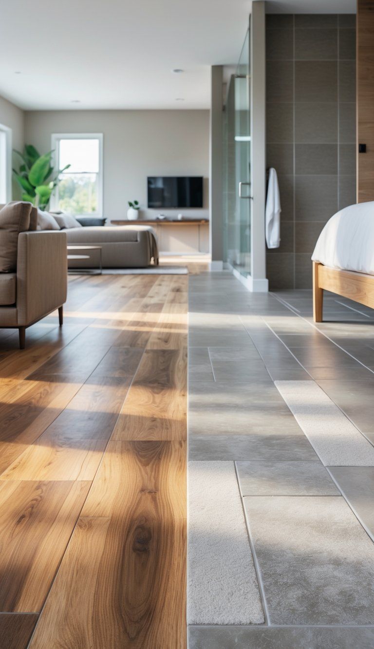 Interior view of multiple connected rooms showing different flooring types including hardwood, tile, stone, and carpet.