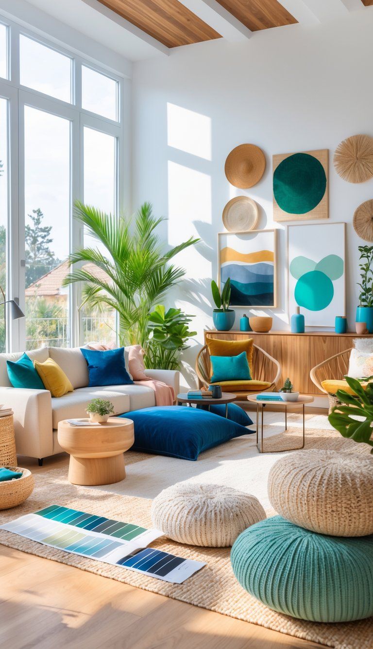 A bright living room with various colorful furniture and decor items arranged to show different harmonious color combinations.