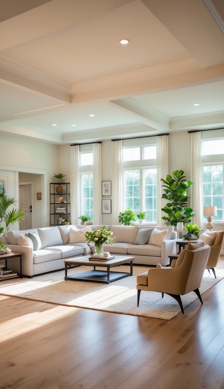 A living room with a sofa and chairs arranged around a coffee table to encourage conversation, with natural light and decorative plants.