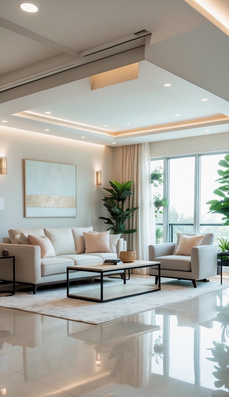 A well-lit living room with a sofa, coffee table, and armchair arranged to fit the space comfortably, with windows, plants, and wall art in the background.