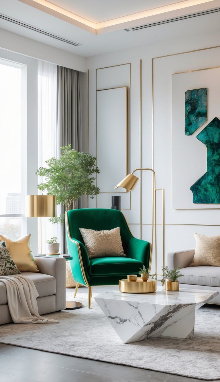 A modern living room with a green velvet armchair, abstract wall art, marble coffee table, and decorative plants.